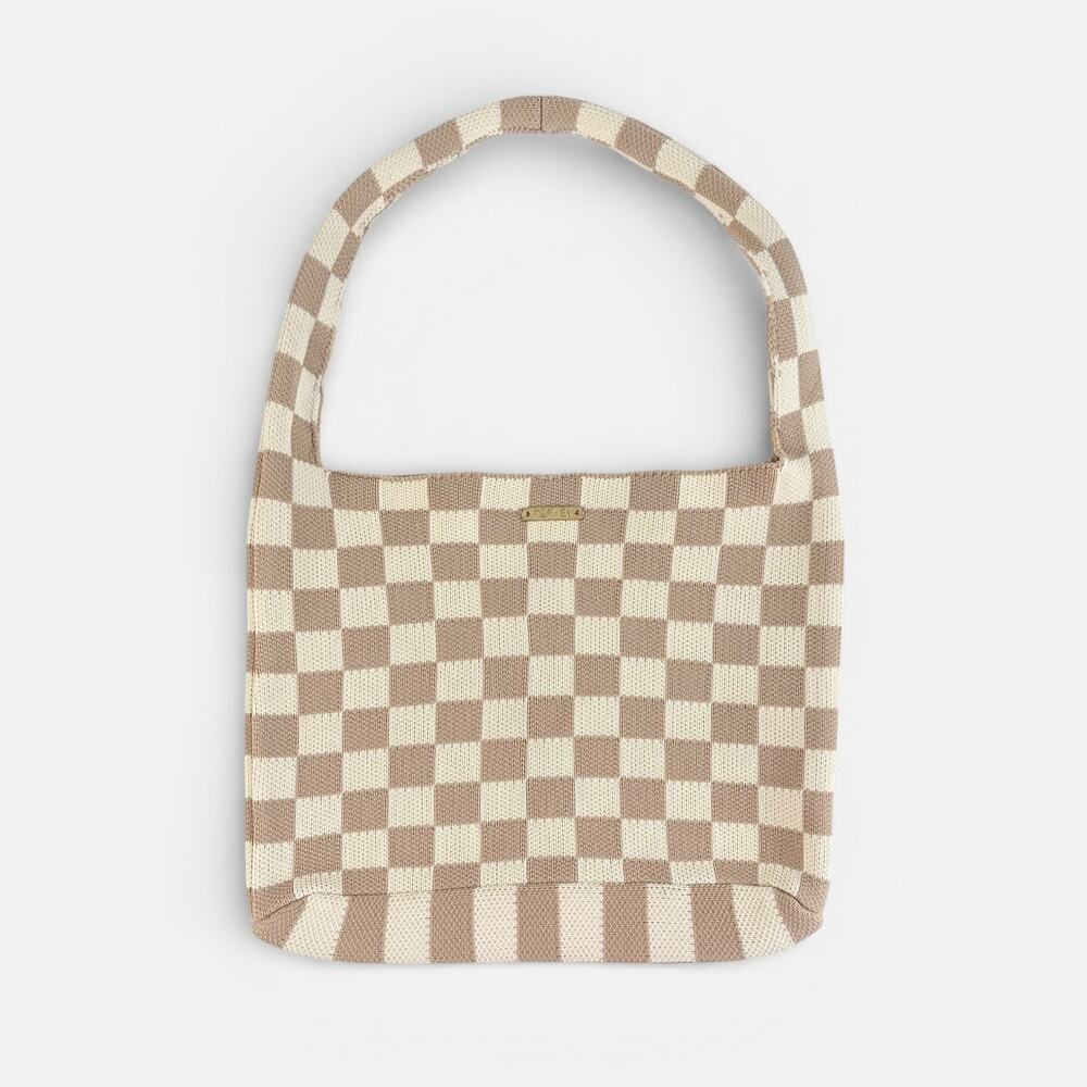 Kopari Neutral Beige Cream Checkerboard Slouchy Shoulder Tote Bag Purse